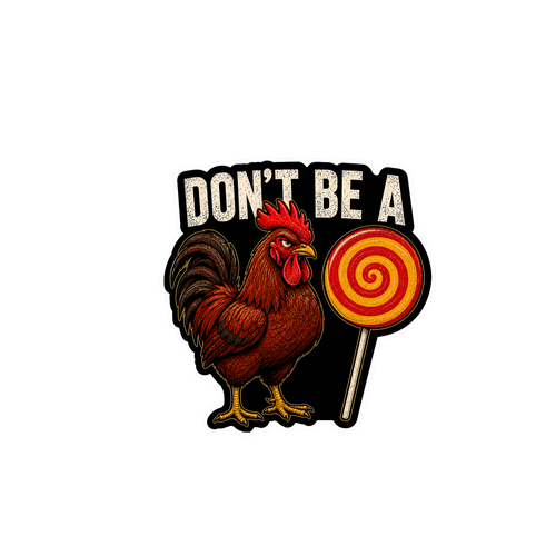 Don't Be a Chicken Pop sticker — rooster holding a red-and-yellow swirl lollipop