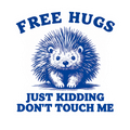 Free Hugs Just Kidding Don't Touch Me porcupine sticker in navy blue on white background