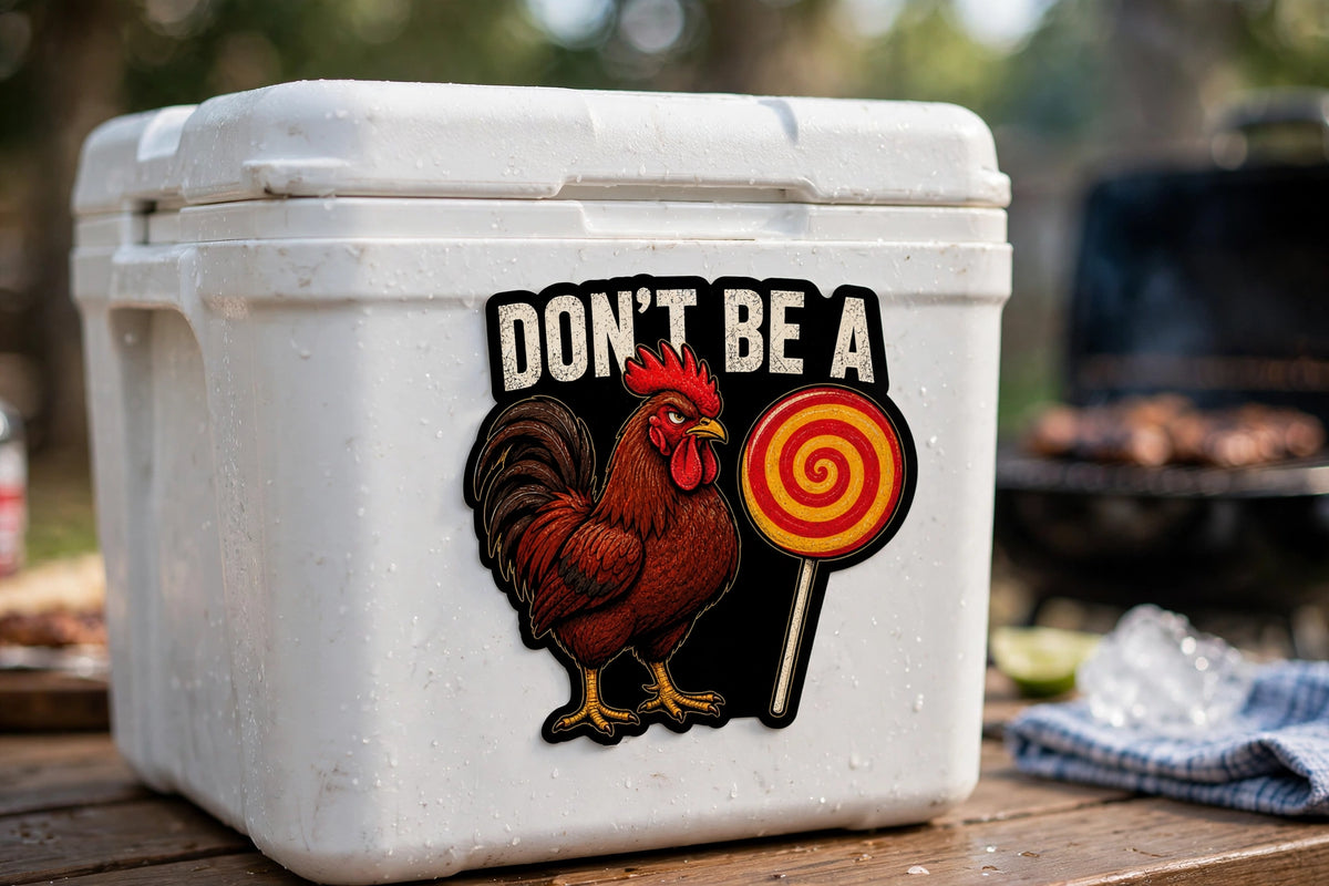 Don't Be a Chicken Pop sticker applied to a white cooler on a wooden table outdoors