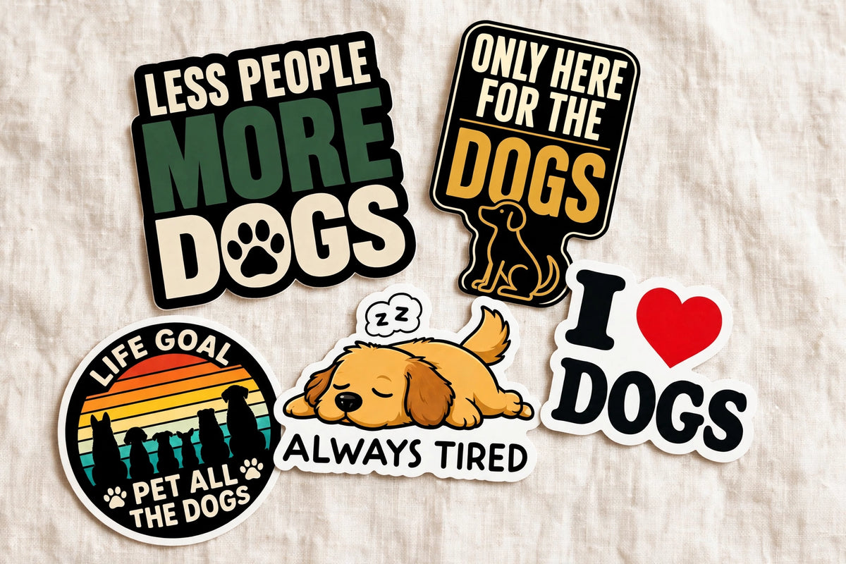 Dog Lover Sticker Pack 5-pack flat-lay — five dog stickers arranged on a linen surface