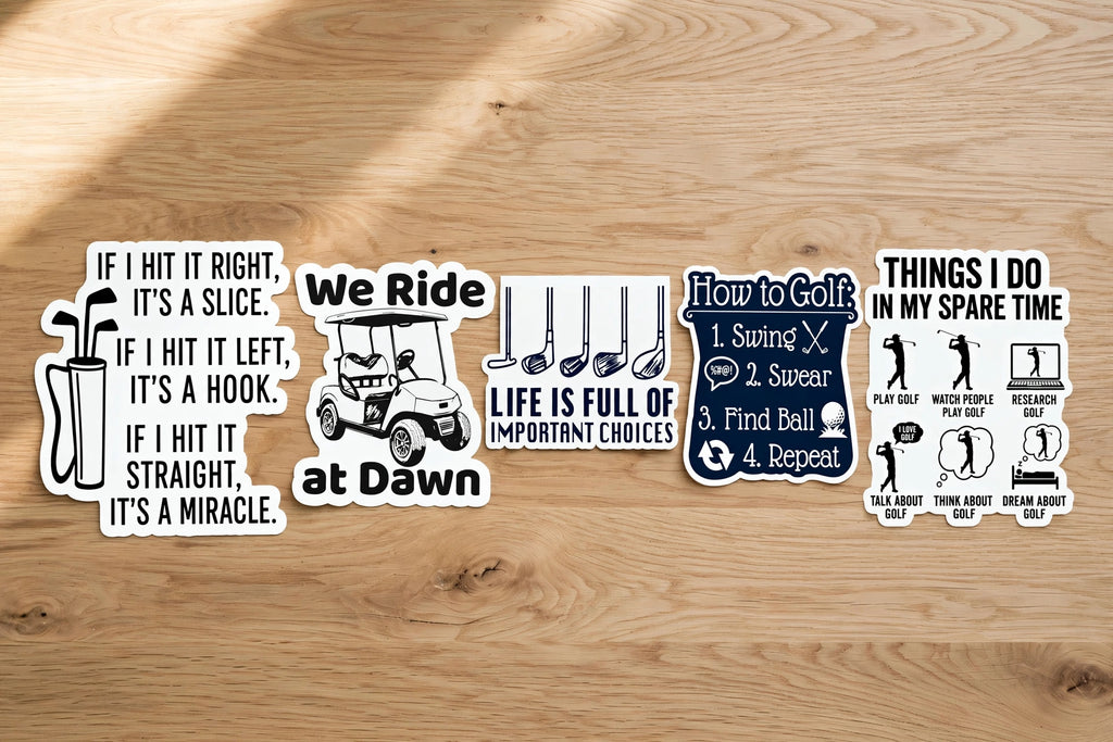 Golf Sticker Pack 5-pack flat-lay — five golf stickers arranged on a wooden table